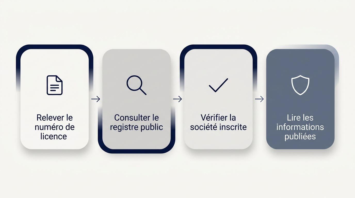 Étapes pour évaluer un casino étranger : licence, registre public, société exploitante et informations publiées.