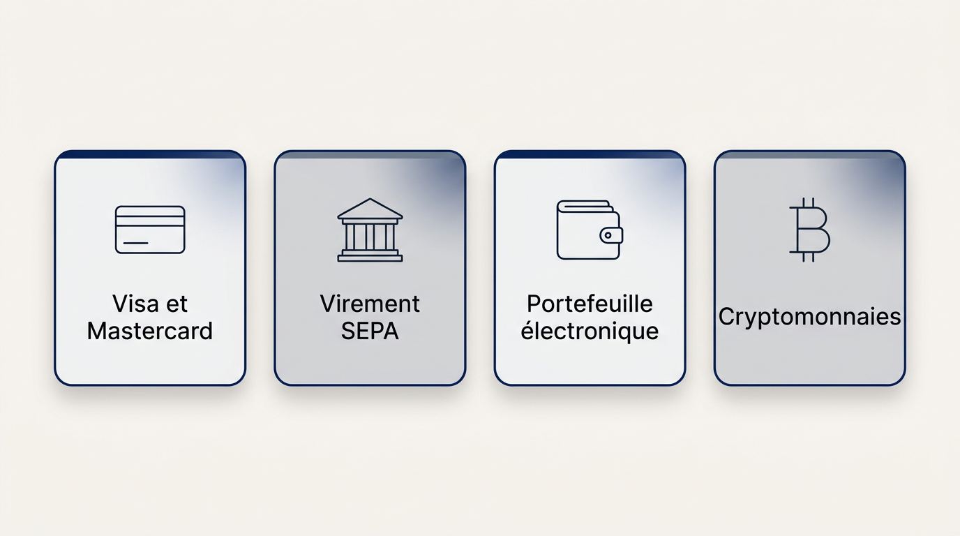 Moyens de paiement compatibles avec la France : Visa et Mastercard, virement SEPA, portefeuille électronique et cryptomonnaies.