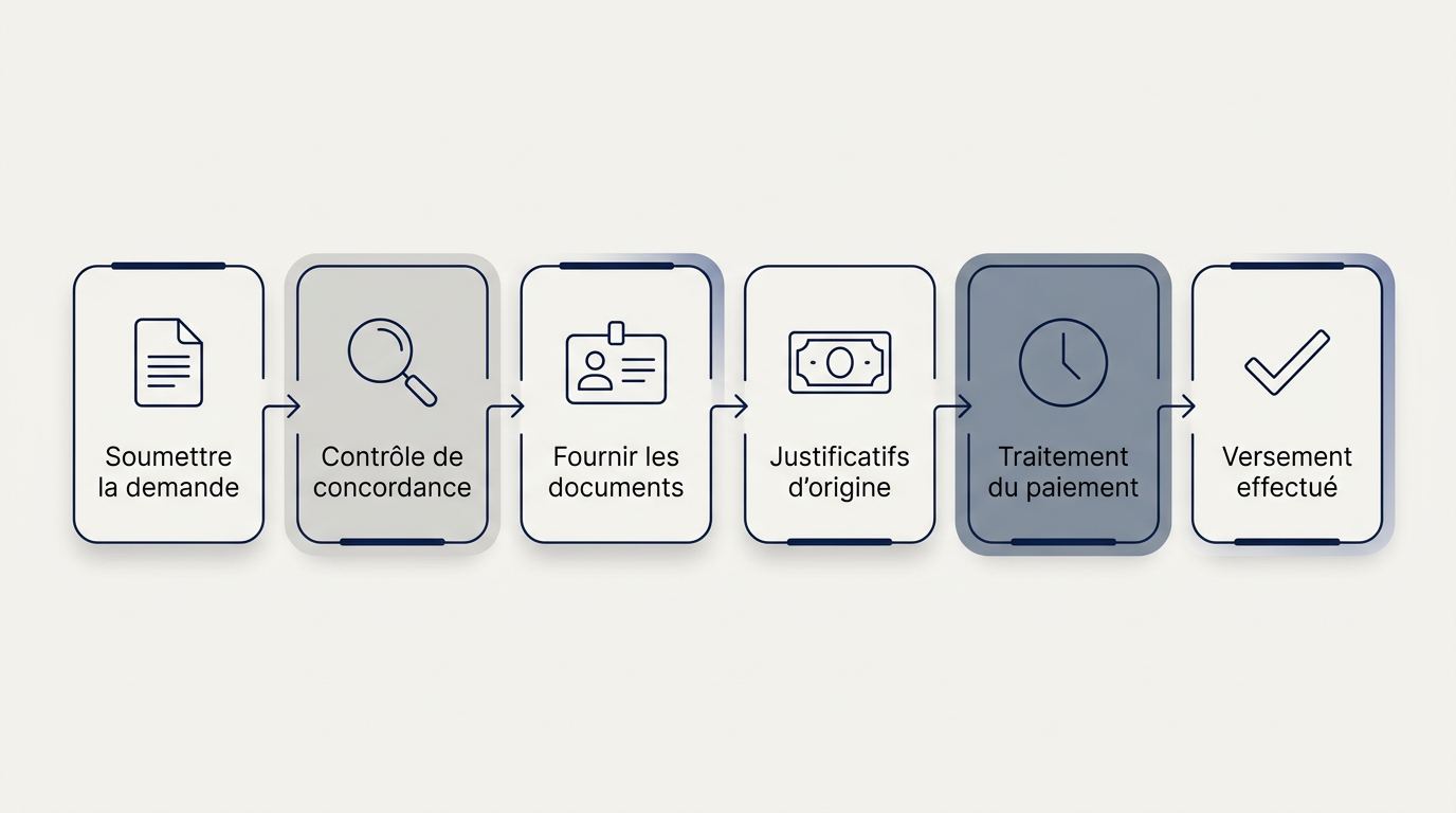 Étapes d’un retrait avec contrôle de concordance, documents KYC, justificatifs d’origine et traitement du paiement.