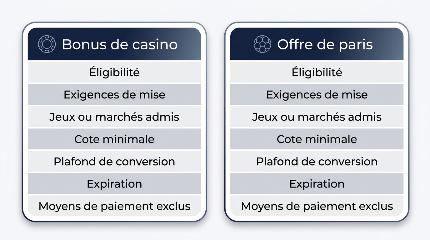 Comparaison des conditions d’un bonus de casino et d’une offre de paris.